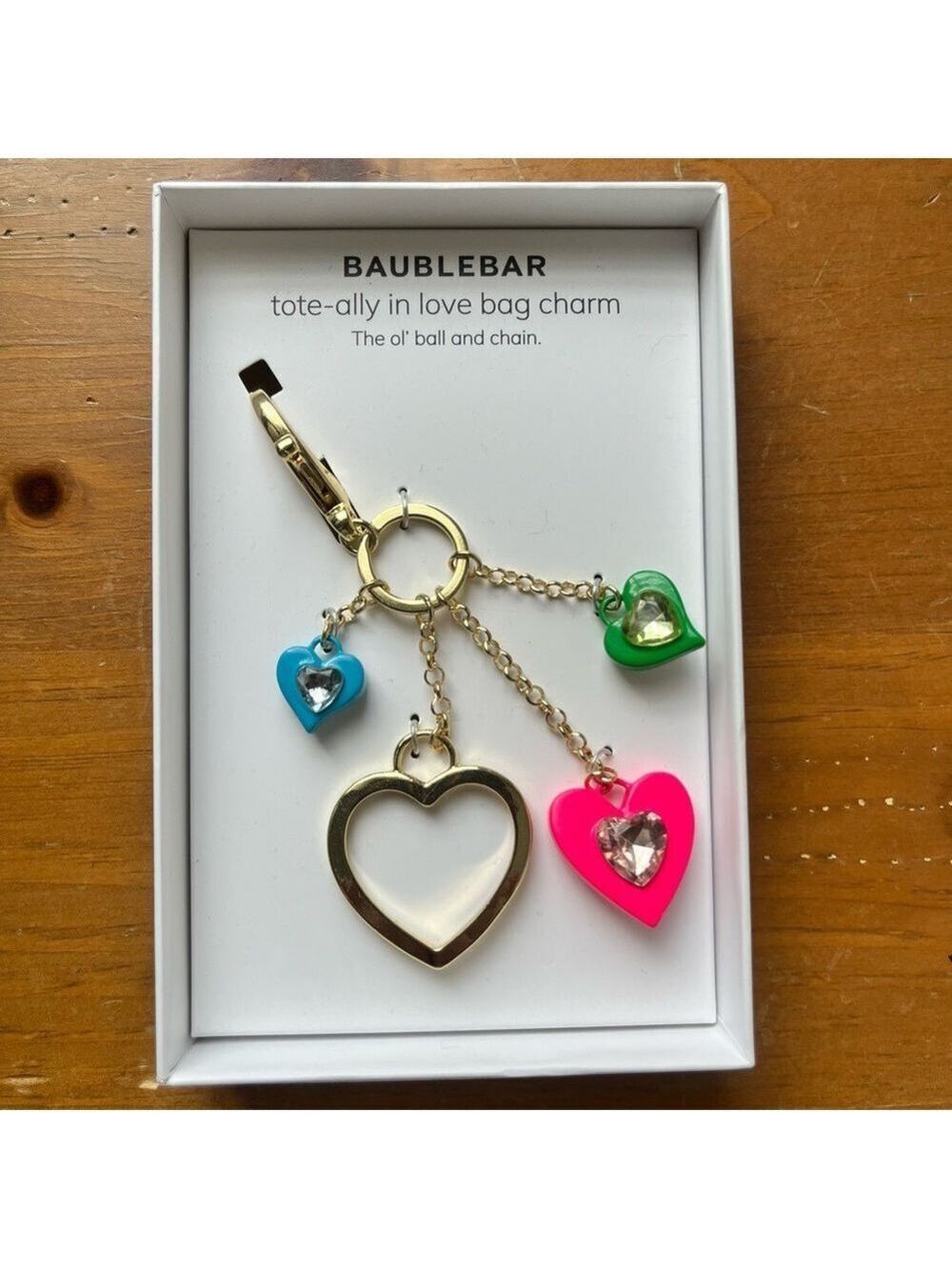 NWT Baublebar tote-ally in love bag charm The ol’ ball & chain gold hearts neon
